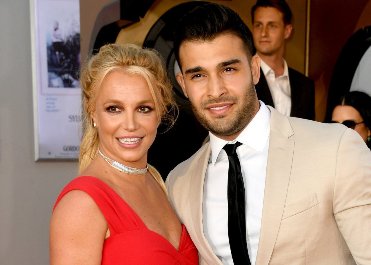 HOLLYWOOD, CALIFORNIA - JULY 22: Britney Spears (L) and Sam Asghari arrive at the premiere of Sony Pictures' "One Upon A Time...In Hollywood" at the Chinese Theatre on July 22, 2019 in Hollywood, California. (Photo by Kevin Winter/Getty Images)