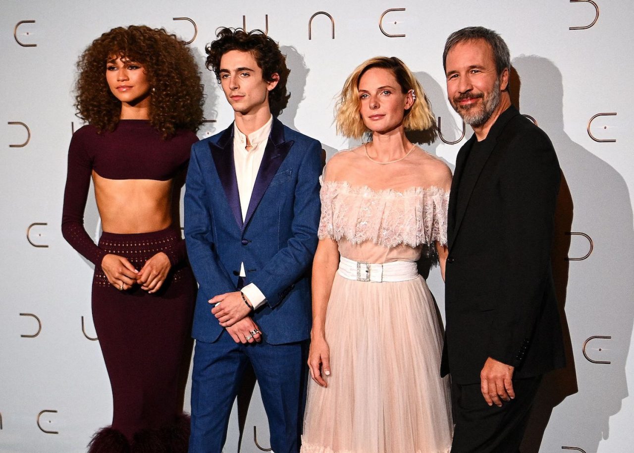 (From L) US actress Zendaya Coleman, aka Zendaya, French-American actor Timothee Chalamet, Swedish actress Rebecca Ferguson and Canadian director Denis Villeneuve pose during a photocall ahead of the avant-premiere of the science-fiction movie "Dune" at the Grand Rex cinema hall in Paris on September 6, 2021. (Photo by Christophe ARCHAMBAULT / AFP) (Photo by CHRISTOPHE ARCHAMBAULT/AFP via Getty Images)