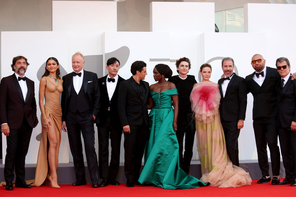 VENICE, ITALY - SEPTEMBER 03: (L-R) Javier Bardem, Zendaya, Stellan SkarsgÃ¥rd, Chang Chen, Oscar Isaac, Sharon Duncan-Brewster, TimothÃ©e Chalamet, Rebecca Ferguson, director Denis Villeneuve, Dave Bautista and Josh Brolin attend the red carpet of the movie "Dune" during the 78th Venice International Film Festival on  September 03, 2021 in Venice, Italy. (Photo by Franco Origlia/Getty Images)