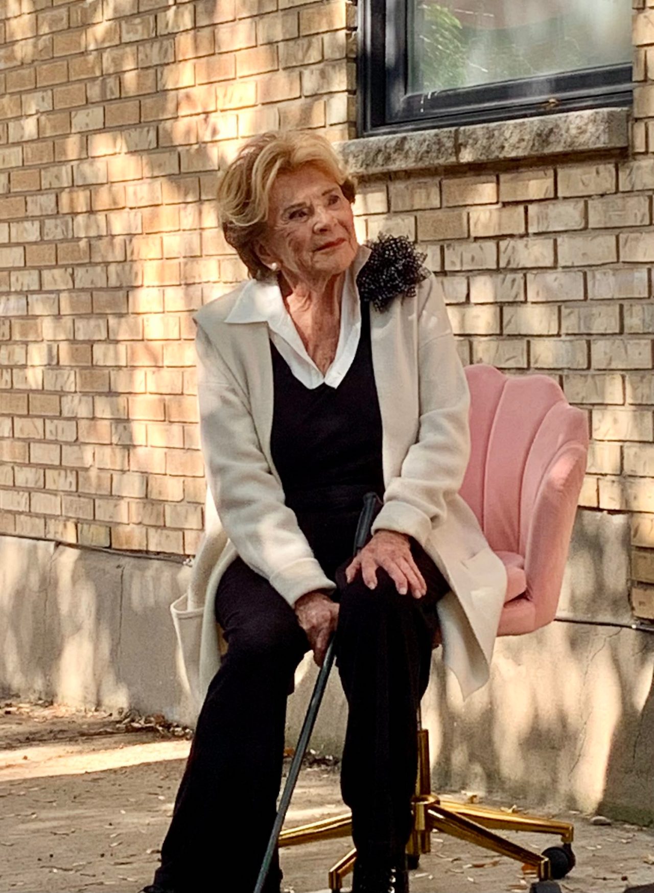 Janette Bertrand, 99, a well-known television icon in Quebec, attends the unveiling of a mural paying tribute to her in Montreal on Thursday, Sept. 26, 2024. THE CANADIAN PRESS/Pierre Saint-Arnaud