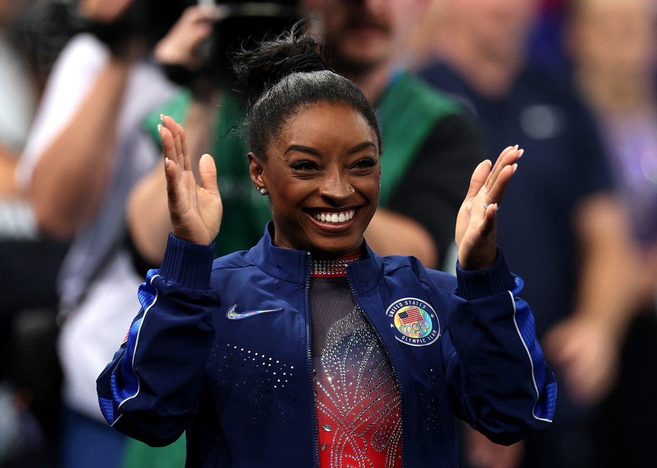 PARIS, FRANCE - AUGUST 05: Simone Biles of Team United States congratulates her teammate Jordan Chiles (not pictured) winning the bronze medal after  the Artistic Gymnastics Women's Floor Exercise Final on day ten of the Olympic Games Paris 2024 at Bercy Arena on August 05, 2024 in Paris, France. (Photo by Jamie Squire/Getty Images)