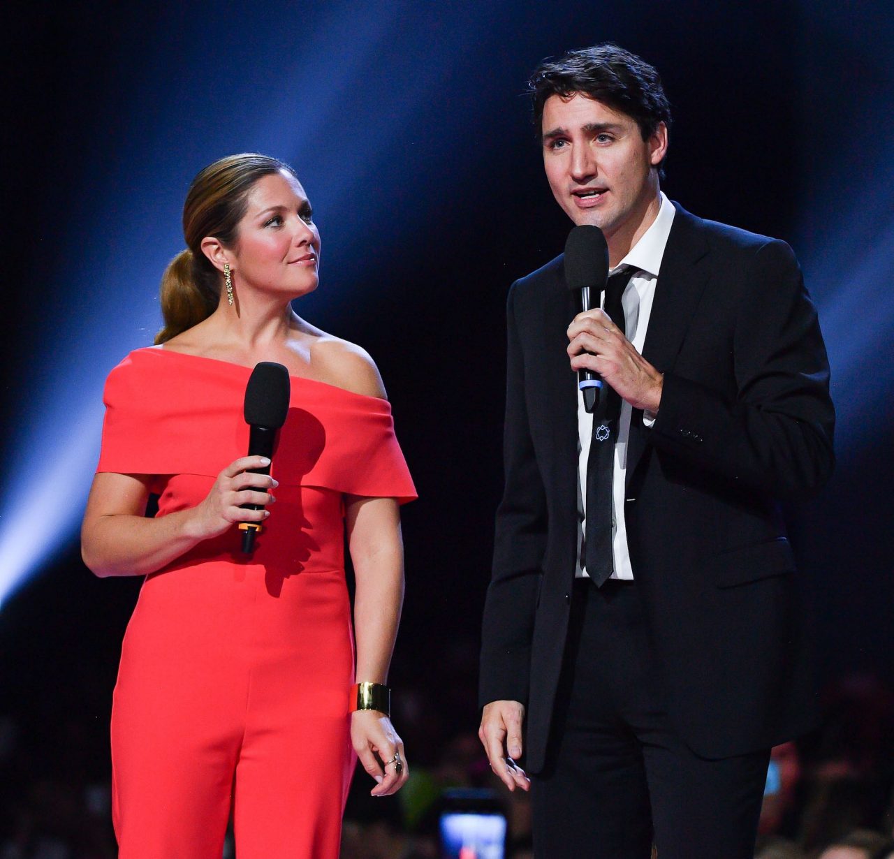 OTTAWA, ON - APRIL 02:  Sophie Gregoire Trudeau and Prime Minister of Canada Justin Trudeau speak at the 2017 Juno Awards at Canadian Tire Centre on April 2, 2017 in Ottawa, Canada.  (Photo by George Pimentel/Getty Images)