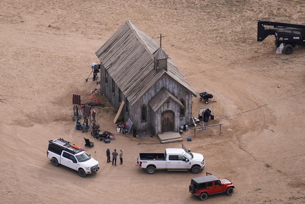 FILE - This aerial photo shows the movie set of "Rust" at Bonanza Creek Ranch in Santa Fe, N.M., on Saturday, Oct. 23, 2021. Filming on the Western movie "Rust" is scheduled to resume at a movie ranch in Montana in the aftermath of the fatal shooting of a cinematographer by actor Alec Baldwin during a rehearsal on the original production in New Mexico. (AP Photo/Jae C. Hong, File)