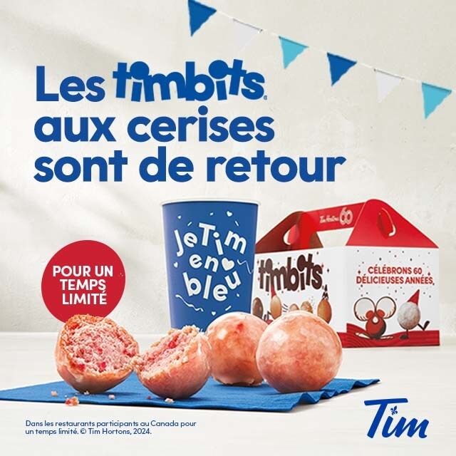 Les Timbits aux cerises sont de retour dans les restaurants Tim Hortons du Québec pour une durée limitée, juste à temps pour célébrer la Saint-Jean-Baptiste! (Groupe CNW/Tim Hortons)