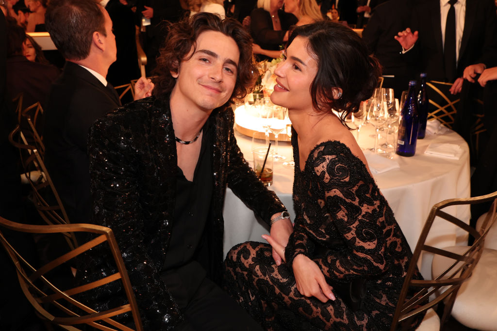 TimothÃ©e Chalamet and Kylie Jenner at the 81st Golden Globe Awards held at the Beverly Hilton Hotel on January 7, 2024 in Beverly Hills, California. (Photo by Christopher Polk/Golden Globes 2024/Golden Globes 2024 via Getty Images)