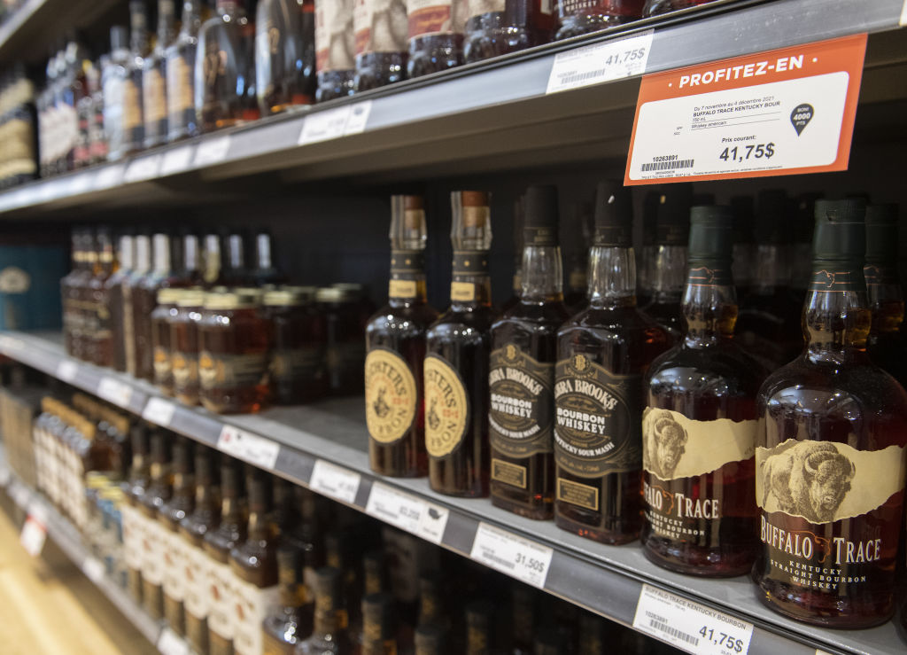 Bourbon in a Societe Des Alcools Du Quebec (SAQ) liquor store in Montreal, Quebec, Canada, on Monday, Nov. 8, 2021. The SAQ is raising prices as many suppliers face labor shortages and rising prices for materials related to bottling and transportation, CTV News reports. Photographer: Graham Hughes/Bloomberg via Getty Images