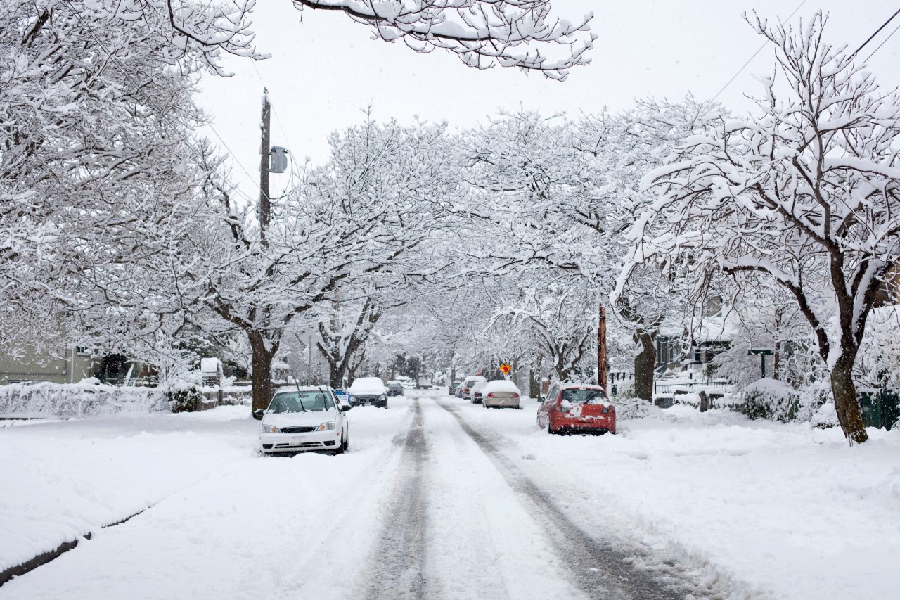 A snowy residential street