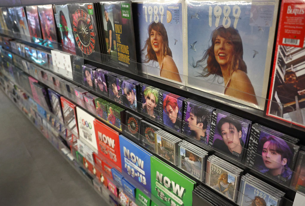LONDON, ENGLAND - DECEMBER 28: Vinyl records and CD's are seen on sale at the HMV store on Oxford street on December 28, 2023 in London, England. The British Phonographic Industry figures show UK vinyl sales rose by 11.7% to 5.9 million units this year, increasing for the 16th year in a row. Taylor Swift's 1989 (Taylor's version) was the best-selling LP and she has two further albums in the top 10. (Photo by Peter Nicholls/Getty Images)